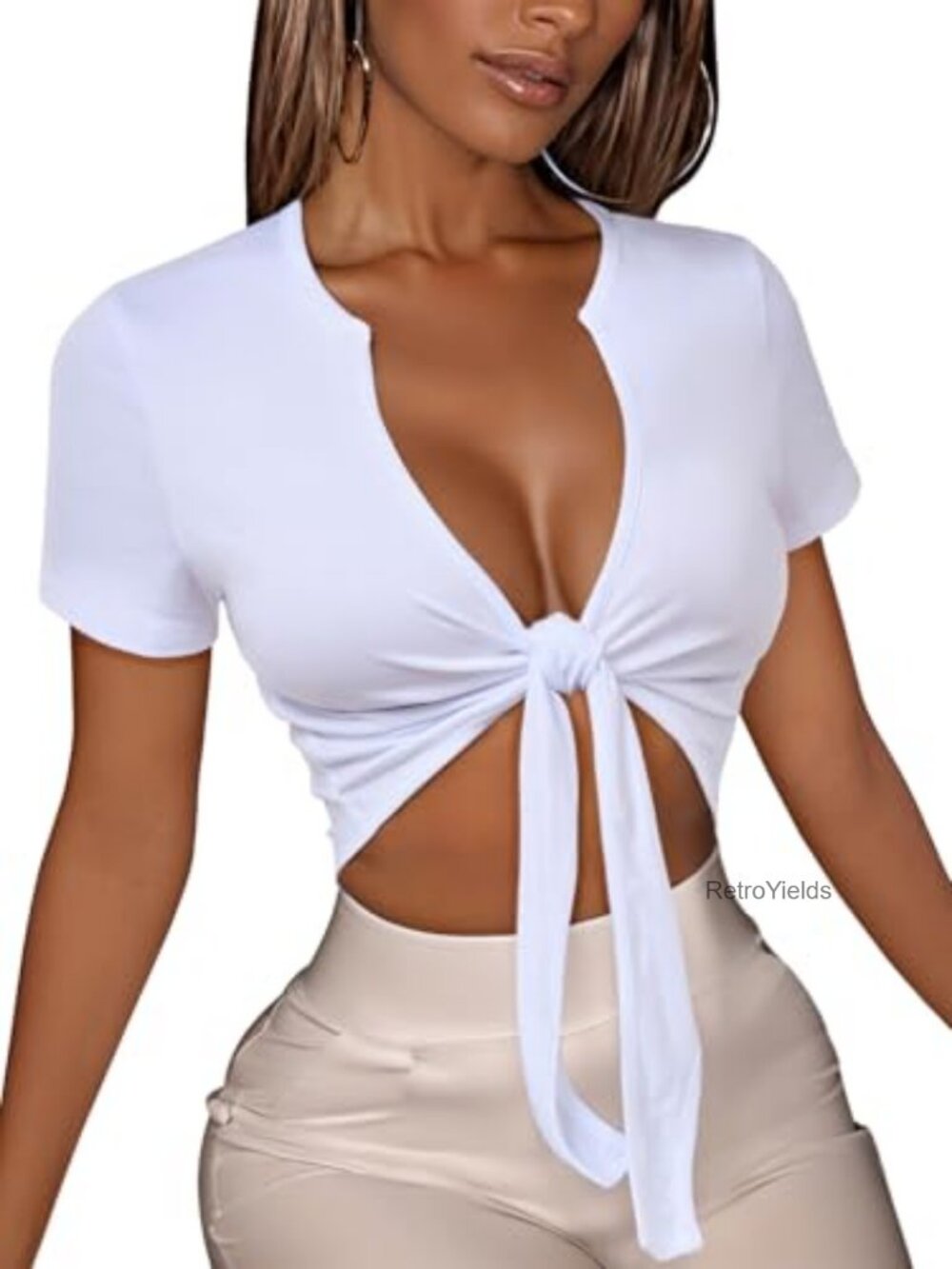 Women's Tie Front Crop Top V Neck Short Sleeve Slim Fit Summer Tee